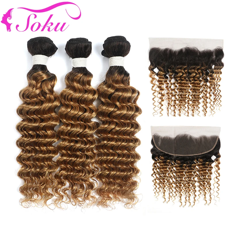 Deep Wave Bundles With Frontal 13x4 SOKU T1B27/30 Brazilian Ombre Human Hair Bundles With Closure Non-Remy Hair Extension