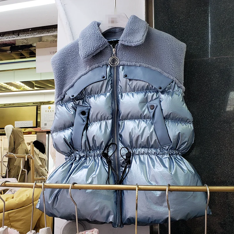 European New Autumn and Winter Drawstring Waist Lamb Fur Stitching Bright Face Down Vest Jacket Women's Loose Padded Waistcoat