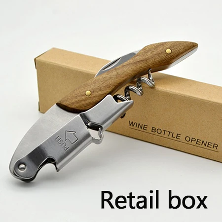 Retail box Открывалки с деревянной ручкой, Профессиональный штопор, складной нож для стейка, портативный штопор из нержавеющей стали, нож для вина - Цвет: Retail box