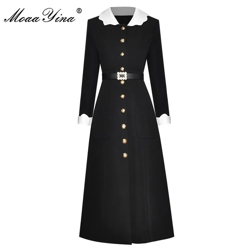 

MoaaYina Fashion Designer Runway Long Windbreaker Long sleeve Single-breasted Belt black Keep warm Windbreaker Coat