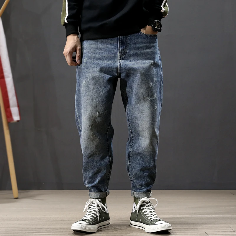 Fashion Streetwear Men Jeans Retro Blue Loose Fit Harem Pants Stripe Pocket Designer Hip Hop Jeans 2