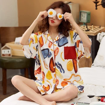 

100% Cotton High Quality Pajama Sets For Women 2 Pcs Short Trousers Sleeve Pyjamas Cardigan Pijama Casual Night Sleepwear