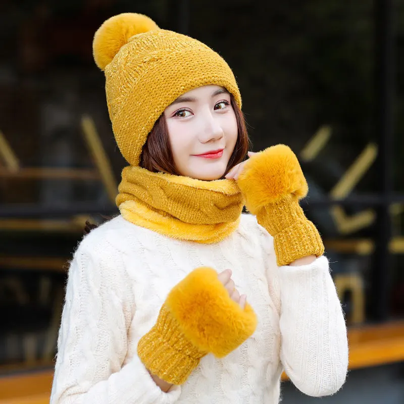 Осень зима искусственный мех кролика шапка набор Толстая теплая женская шапка шарф 2 шт наборы - Цвет: 45