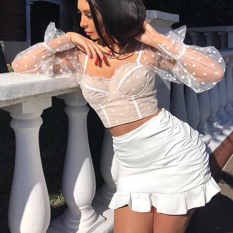 Blusas mujer de moda, расклешенный рукав, v-образный вырез, в горошек, короткий, в стиле пэчворк, сексуальный стиль, прозрачный топ, Женская Сексуальная рубашка, Весенняя мода