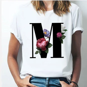 26 alphabet letter women T shirt Girl A To Z Alphabet combination flowers Short Sleeve