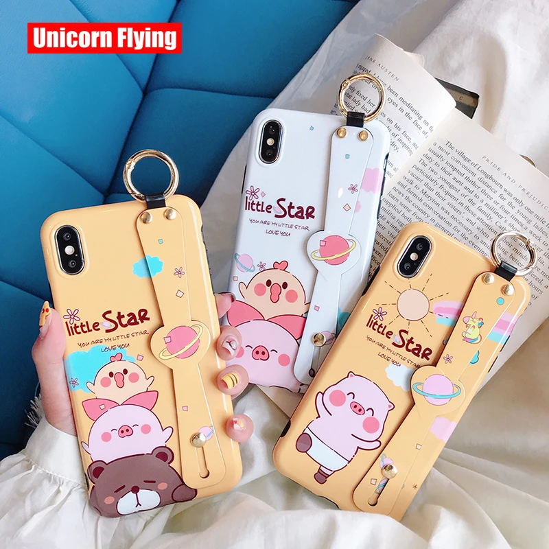 

LinXiang Cartoon Little Pig Bear Chick Hand Strap Kickstand Phone Case Back Cover For iphone 6 6s 7 8 Plus X XS Max XR