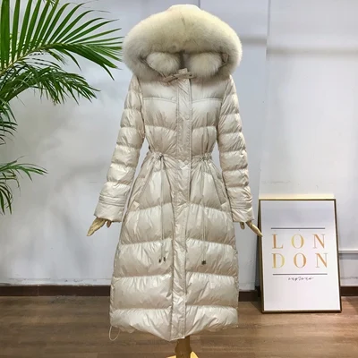 mink white Зимнее пуховое пальто для женщин, длинный большой меховой воротник, тонкая Модная белая куртка-пуховик на утином пуху, новые модели, парки, пальто f1950 - Цвет: mink white