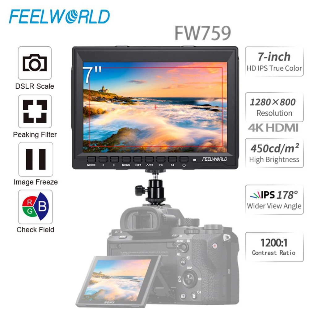 Feelworld 7 Inch HD 1280x800 DSLR Camera 4K Field Monitor HDMI AV Input IPS Screen 1200:1 Steady Contrast Ratio FW759 Moniteur