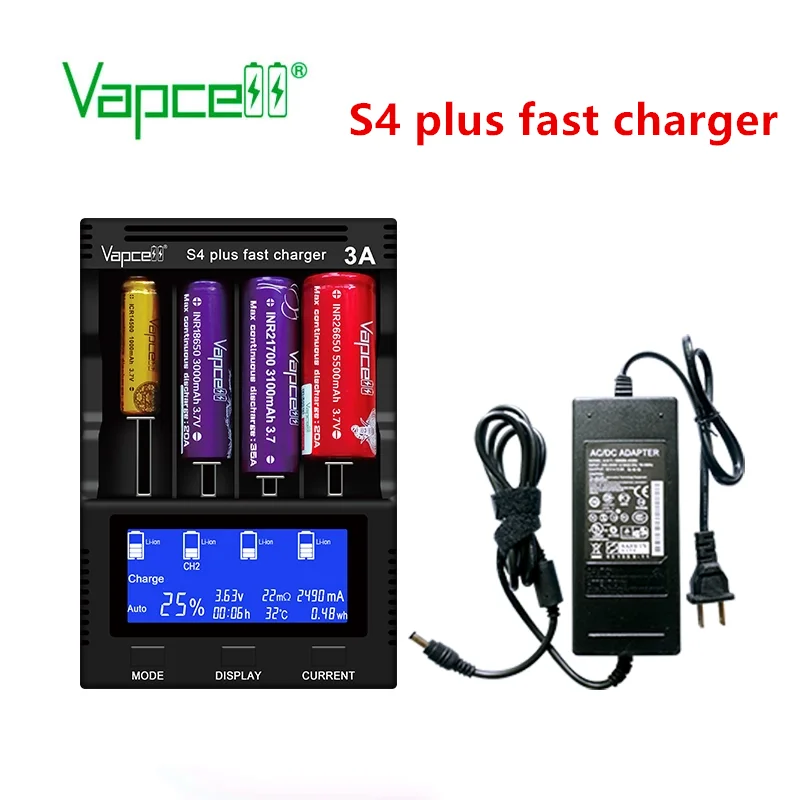 Vapcell Новая обновленная версия S4 plus быстрое зарядное устройство 3A 4 слота всего 12А