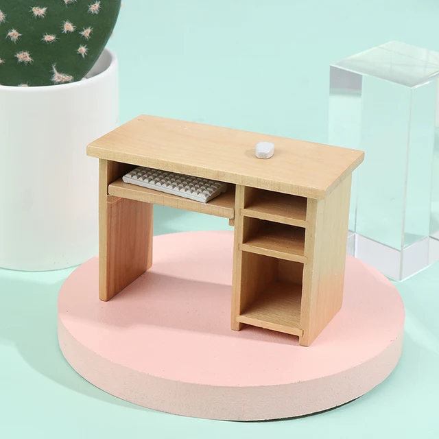 1 Set 1/12 Dollhouse Miniature Desk With Keyboard And Mouse Wooden Toys Dollhouse Furniture For Dollhouse Decals 5