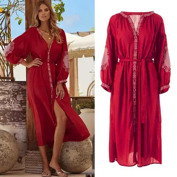 

Swimsuit Bikini Cover-Ups Bohemian Red Beach Dress Long Sleeve Summer Cotton Split Tunic Women Pareo Satong
