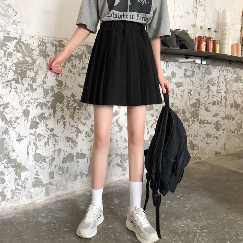 Лето, новая Корейская черная юбка с высокой талией в форме А, плиссированная юбка, юбка средней длины, Детская короткая юбка для студентов