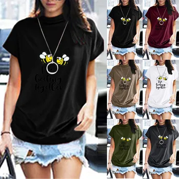

harajuku 2020 ladies shirts Women Turtleneck Short Sleeve Cotton Print Casual Top T Shirt Plus Size Soft Tops camiseta mujer