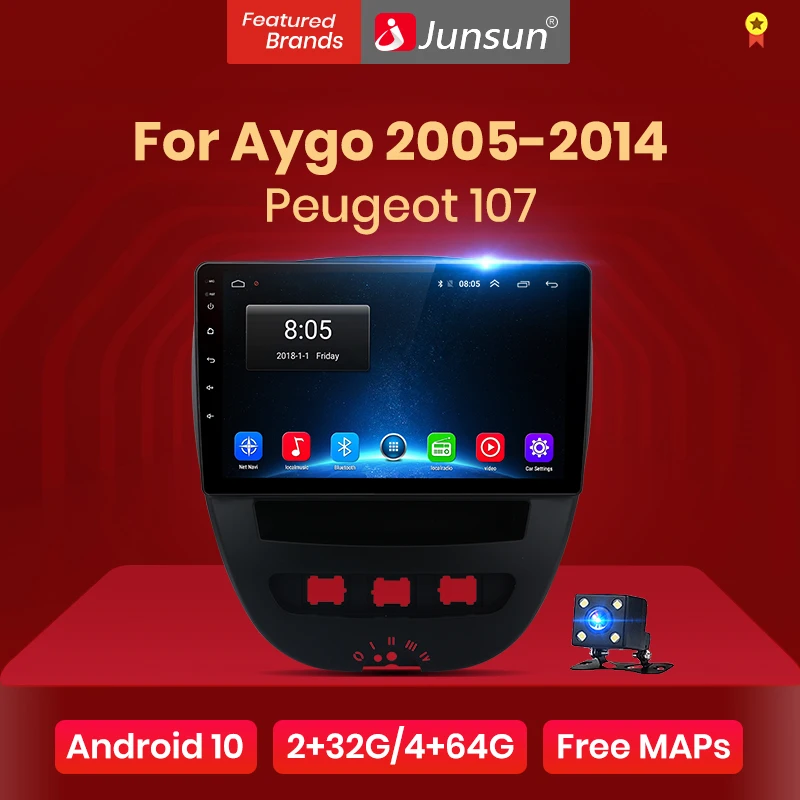 Junsun V1 4G + 64G Android 10 DSP для PEUGEOT 107 Citroen C1 Toyota Aygo 2005 - 2014 Автомагнитола мультимедийный