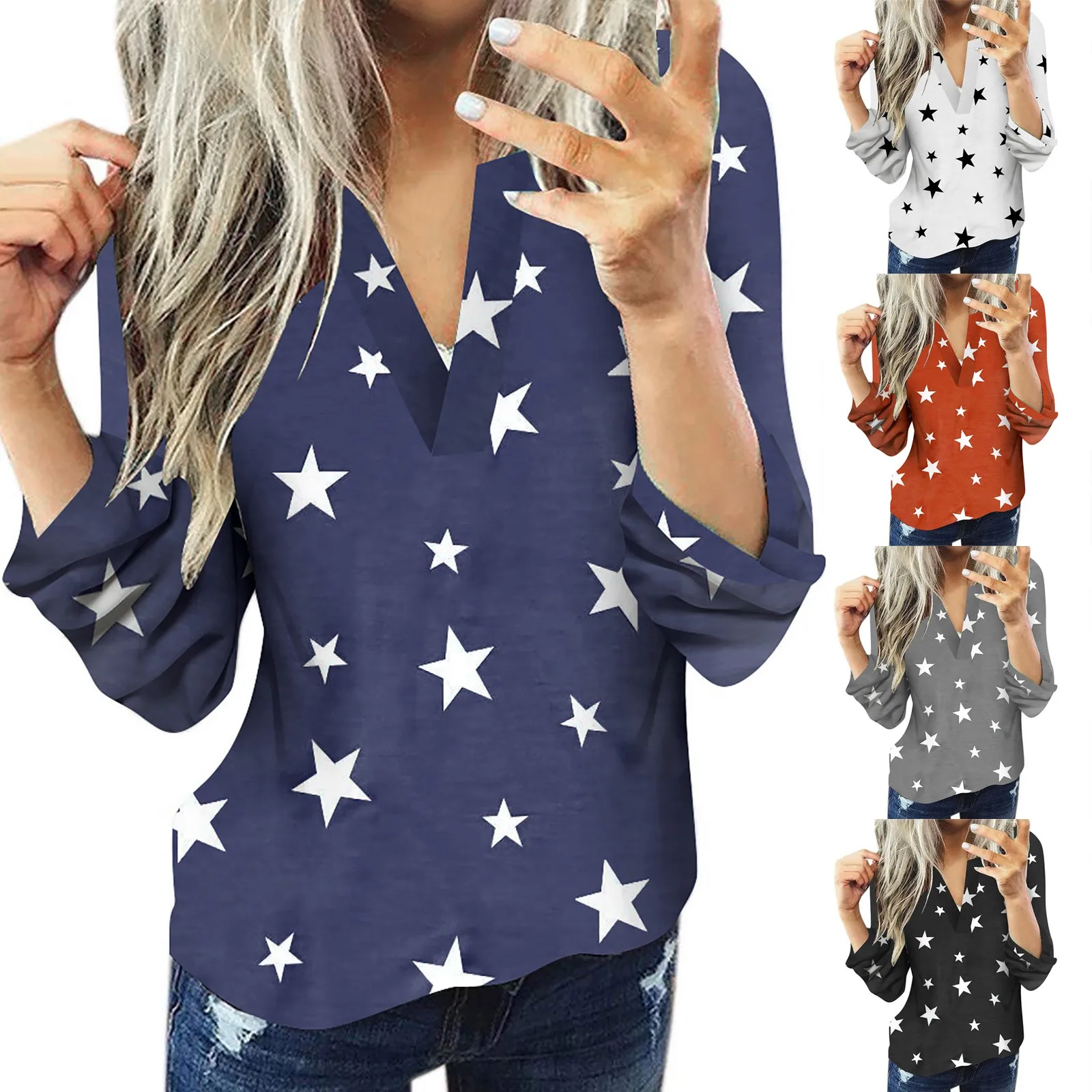 Women Star Print Shirts Casual Cotton Long Sleeve Star Shirt Women's Slim Elegant Shirt Top Blouses Sexy V-neck Blouses рубашка women's shirts & tops