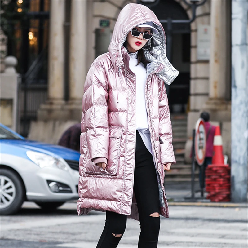 

Glossy Winter Parka Coat Women Long Overcoat Fashion Loose Down Cotton Jacket Thick Warm Plus Size Hooded Zipper Jacket Female