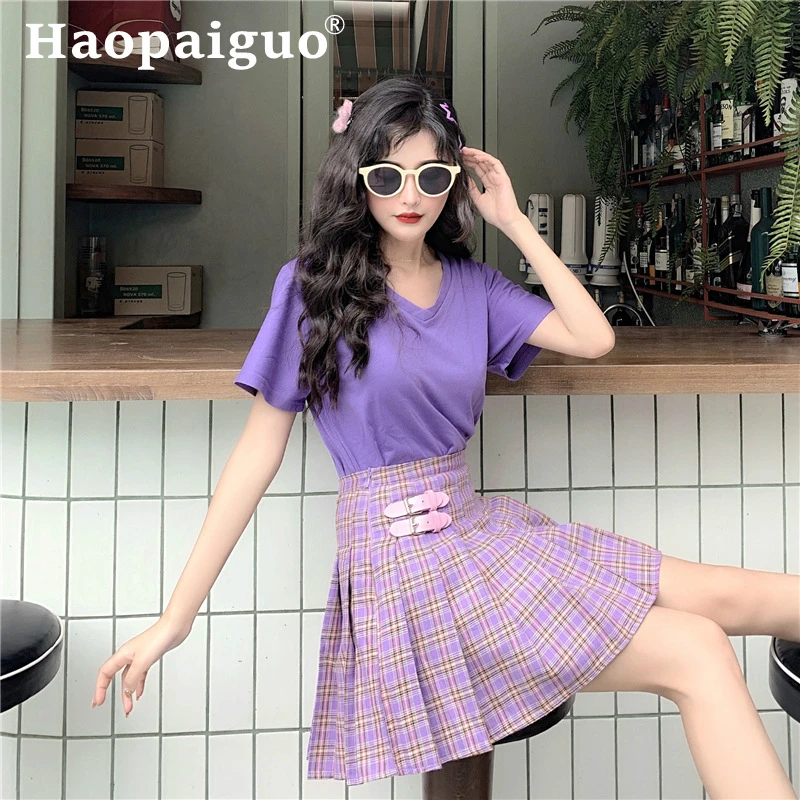 

Korean Style Women Summer Two Piece Set Purple Tshirt and Empire Print Plaid Pleated Skirt Ladies Modis Streetwear 2 Piece Set