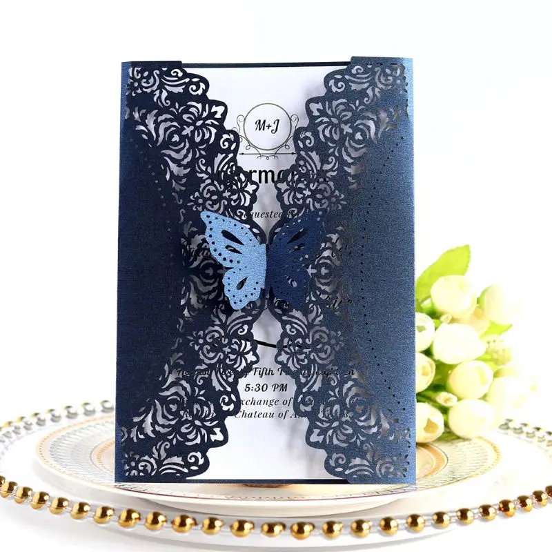  10pcs/set Glitter Laser Cut Lace Wedding Invitation Cards With Butterfly Bow For Wedding Bridal Sho - 4000539535995