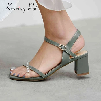 

Krazing pot genuine leather handmade pearl mixed cloth square toe women sandals buckle straps high square heels summer shoes L28