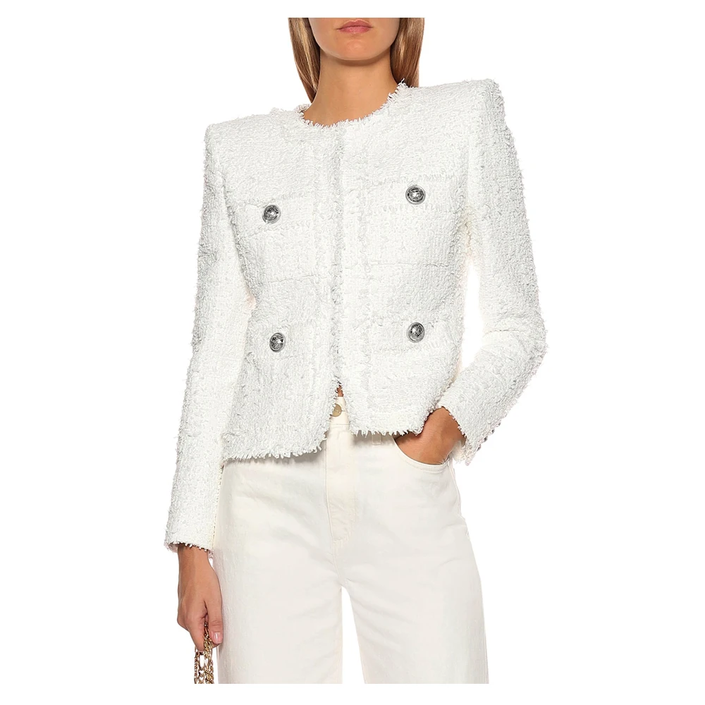 

Office Lady White Tweed Coat 2020 Elegant Autumn Winter Luxury Round Neck Pockets Fringe Tweed Jacket Women Clothes