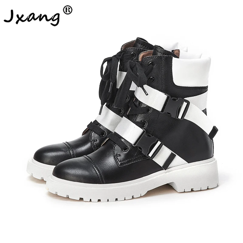 

JXANG Fashion High quality Casual women Punk Style Cool lace up ankle boots for woman Chunky Motorcycle Boot Girls Female