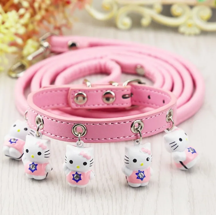 Kawaii поводок для собак ошейник колокольчики кожаный поводок для маленьких средних собака Кот Щенок ходьба поводки поводок для домашних животных 1,2 м - Color: Black