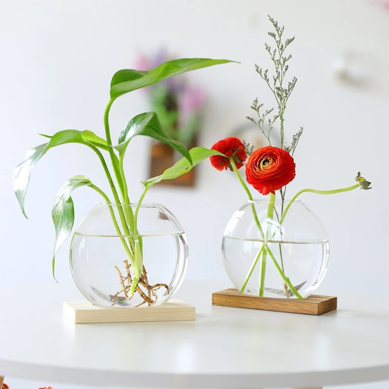 Nordic Round Wood Small Vase For Decoration Home Plant Flower Glass Containers Handmade Terrarium Table Tranparent