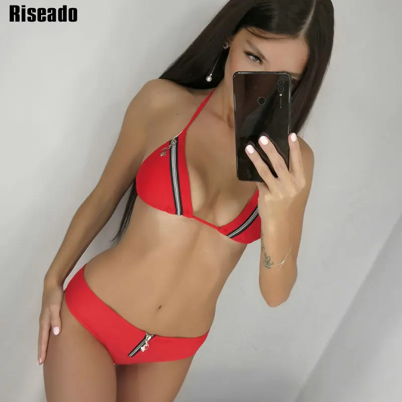 Красный Riseado, сексуальный бикини на молнии, Холтер, купальник для женщин,, пуш-ап, купальник, женский бикини, синий, Бразильский бикини, пляжная одежда - Цвет: Красный
