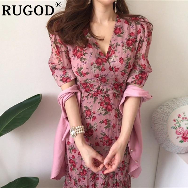 Женское длинное платье с цветочным принтом RUGOD повседневное приталенное