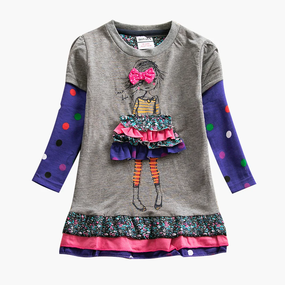 H3660 gray Girls Long Sleeve Dress Little pony Dress Spring Autumn Cotton Embroidered Girl Flowers for Kids Wearing Girls Dresses H6480D - Цвет: H3660 gray