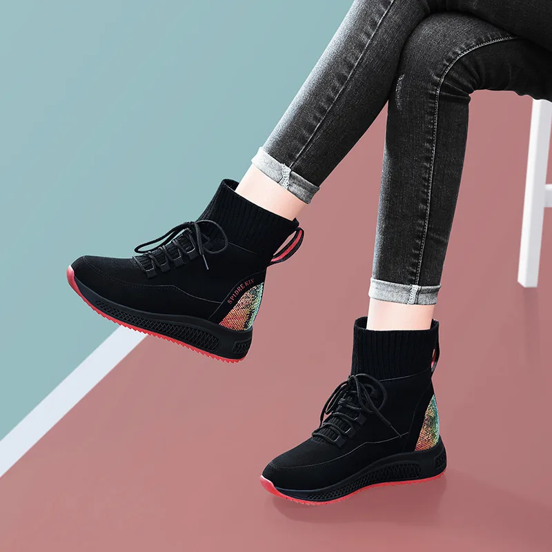 

Socks Boots Women's 2019 Autumn And Winter New Style Elevator Sequin Hight-top Putian Athletic Shoes Running WOMEN'S Shoes plus
