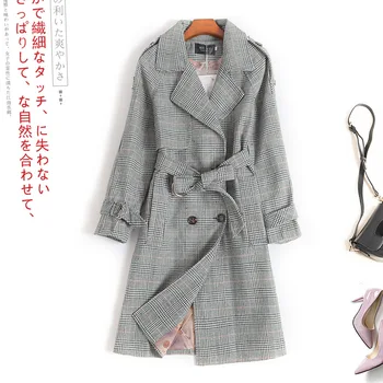 

2019 new long-sleeved double-breasted tie slim wool coat ladies