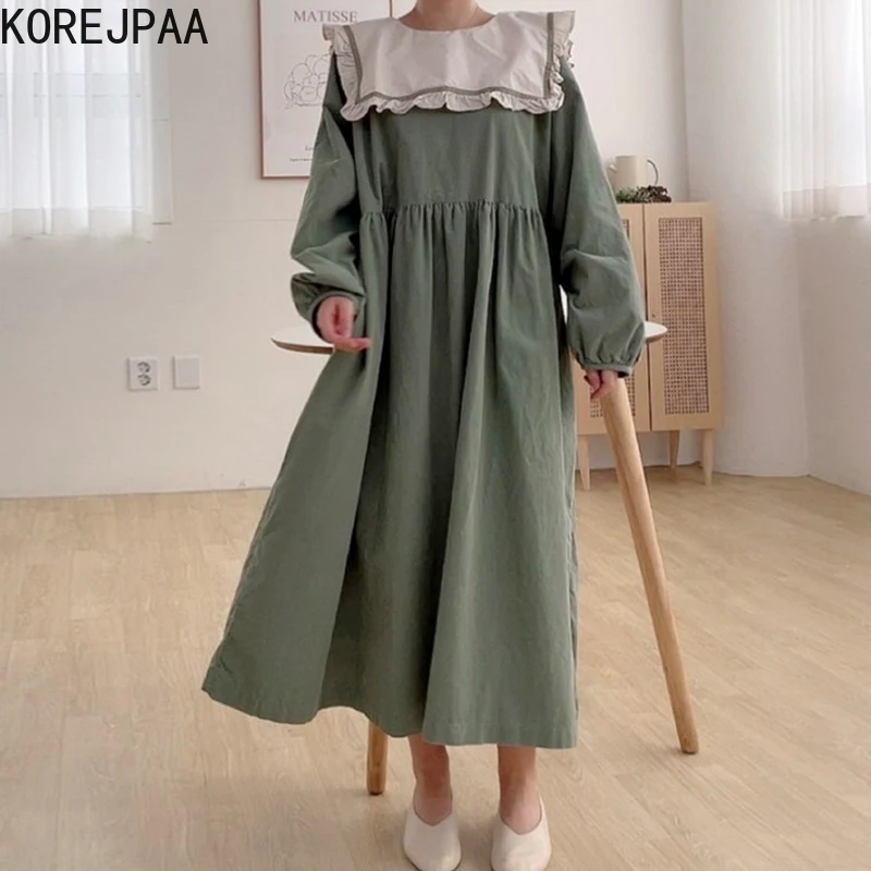 Korejpaa Women Dress 2021 Korean Fashion Early Autumn Color Matching Navy Collar Stitching Loose Long Sleeves Big Swing Vestidos | Женская