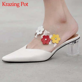 

Krazing Pot plus size cow leather small square toe crystal high heels slip on mules French romantic flower beauty lady pumps L60