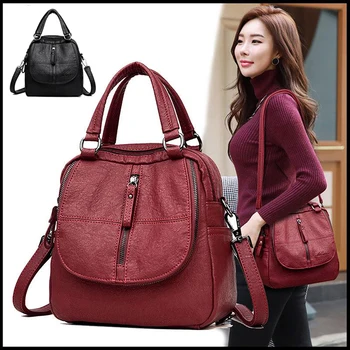 

Brand Leather Women's Backpack School Bag Casual Backpack For Girls Double Zipper Leisure Shoulder Bags 2020 New
