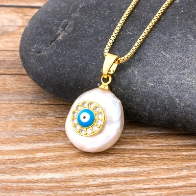 Zircon Evil Eye Charm Natural Coin Freshwater Pearl Bead Gold Link Chain Pendant Choker Necklace for Women Jewelry Gift