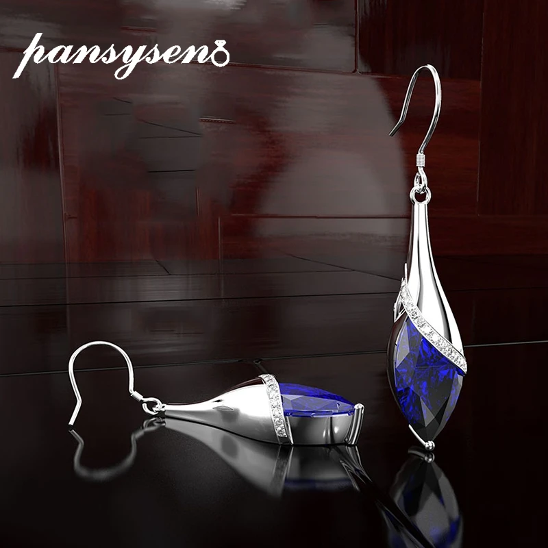 

PANSYSEN Vintage 100% 925 Sterling Silver Blue Sapphire Drop Dangle Earrings For Women Fashion Fine Jewelry Party Earrings Gifts