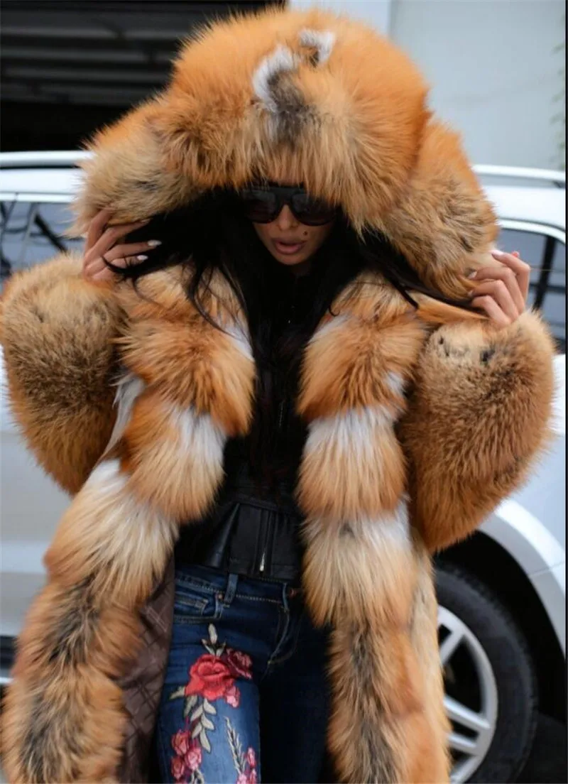 130 см длинное роскошное пальто из натурального меха Красной лисы с большим капюшоном, Толстая теплая зимняя куртка из натурального меха лисы, пальто из натурального меха для женщин