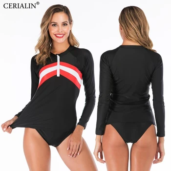 

Black Stripe Sport Swimwear Show Slender Swimming Suit For Women High waist Long sleeve Bikini Set Two-piece Beach Wear Swimsuit