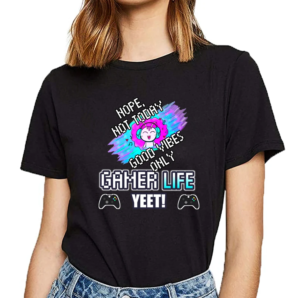 Топы Футболка для женщин good vibes only yeet gamer life котенок кошка дизайн черные короткие