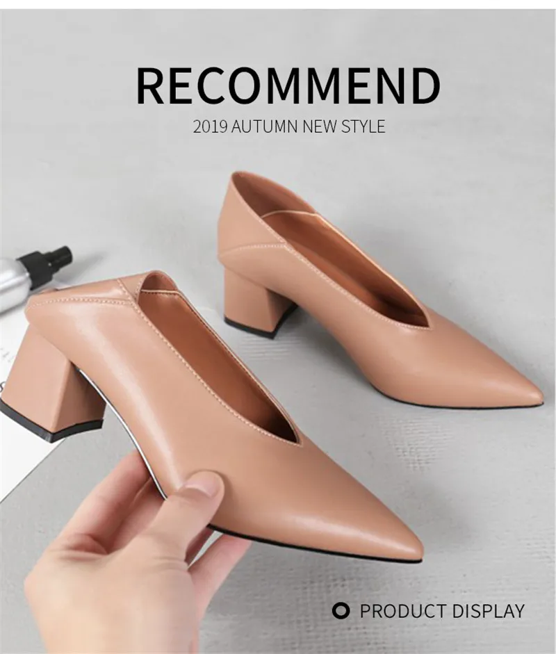 Comfortable Pointed Toe Pumps Single Shoes Women 2020 Spring New Thick Heels Soft Leather Grandma Shoes Retro Office Lady Shoes  (9)