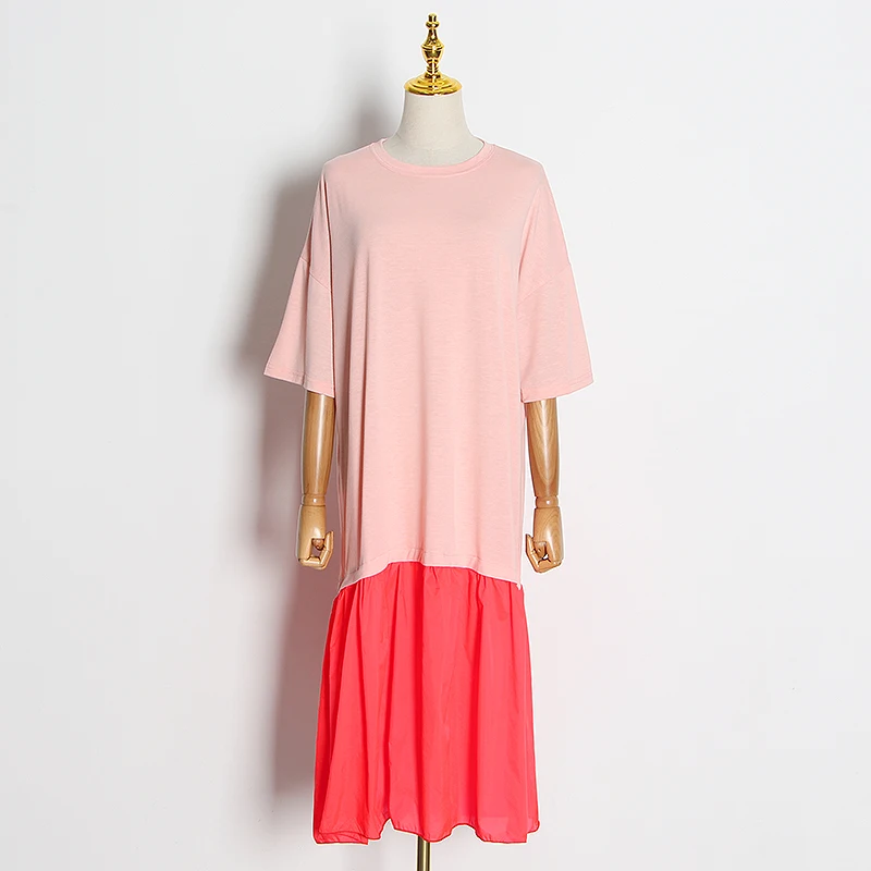 主 (1).JPG TWOTWINSTYLE Elegant Patchwork Hit Color Dress Women O Neck Half Sleeve Oversize Casual Midi Dresses Female 2020 Summer Clothes