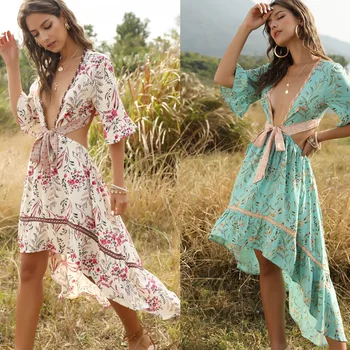 

2020 Summer European and American Hot Selling Women's Bohemia Deep V-neck Lace Backless Retro Print Irregular Dress