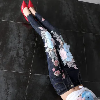 

Woman Flower Embroidery Sequined Jeans High Waist Denim Trousers Appliques Ladies Elastic Slim Pencil Pants
