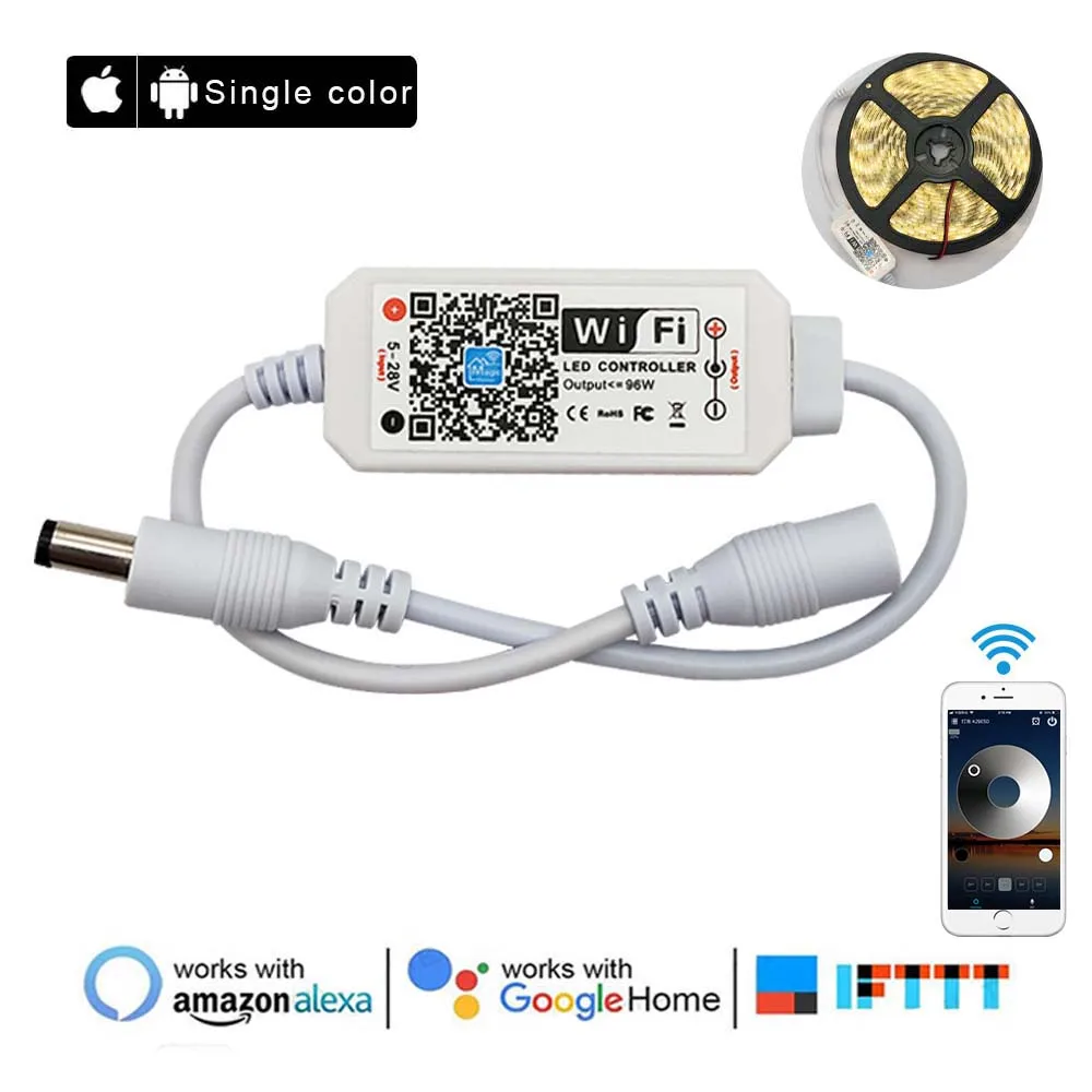 

Single Color LED Strip Lights WiFi Controller Compatible with Android iOS Google Assistant Alexa Voice Control Dimmable Timing
