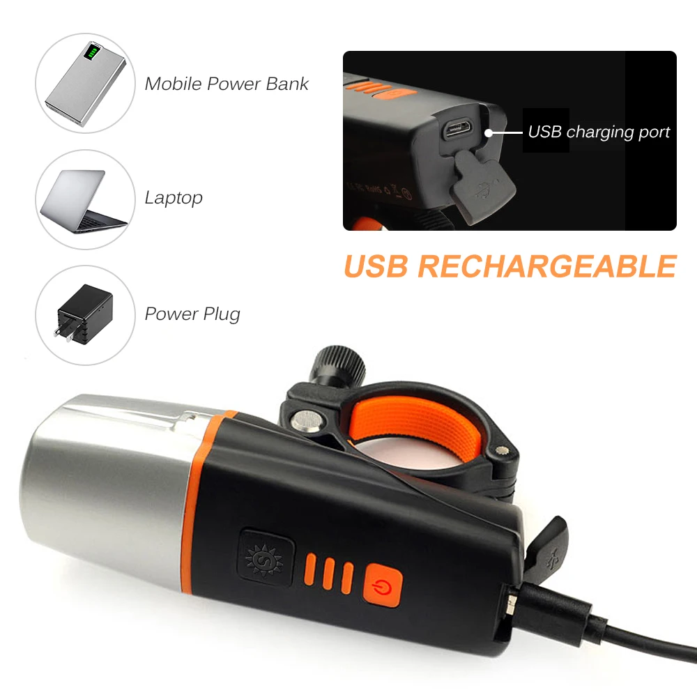 

Bike Light USB Rechargeable IP65 Bicycle LED Front Light Handlebar Flashlight With Light Sensing Function