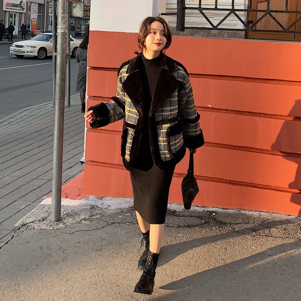 

Photo Shoot Thick Lamb's Wool Joint Plaid Woolen Coat 2019 Winter New Style Retro Fold-down Collar Large Pocket Cotton Coat