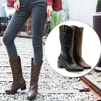 

Women Western Middle Calf Boots Female Embroidered Round ToeThick Heel Boots 2020 Black Brown Vintage Cowboy Middle Boots