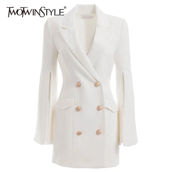 

TWOTWINSTYLE Black Elegant Women' Dress Split Long Sleeve Notched High Waist Straight Dresses Female 2020 Autumn Fashion New