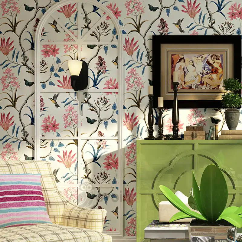 シノワズリ壁紙寝室の壁カバー現代ヴィンテージピンクの花壁紙ブルー熱帯蝶鳥花の壁の紙 壁紙スタイル 壁紙花の壁の紙 Aliexpress